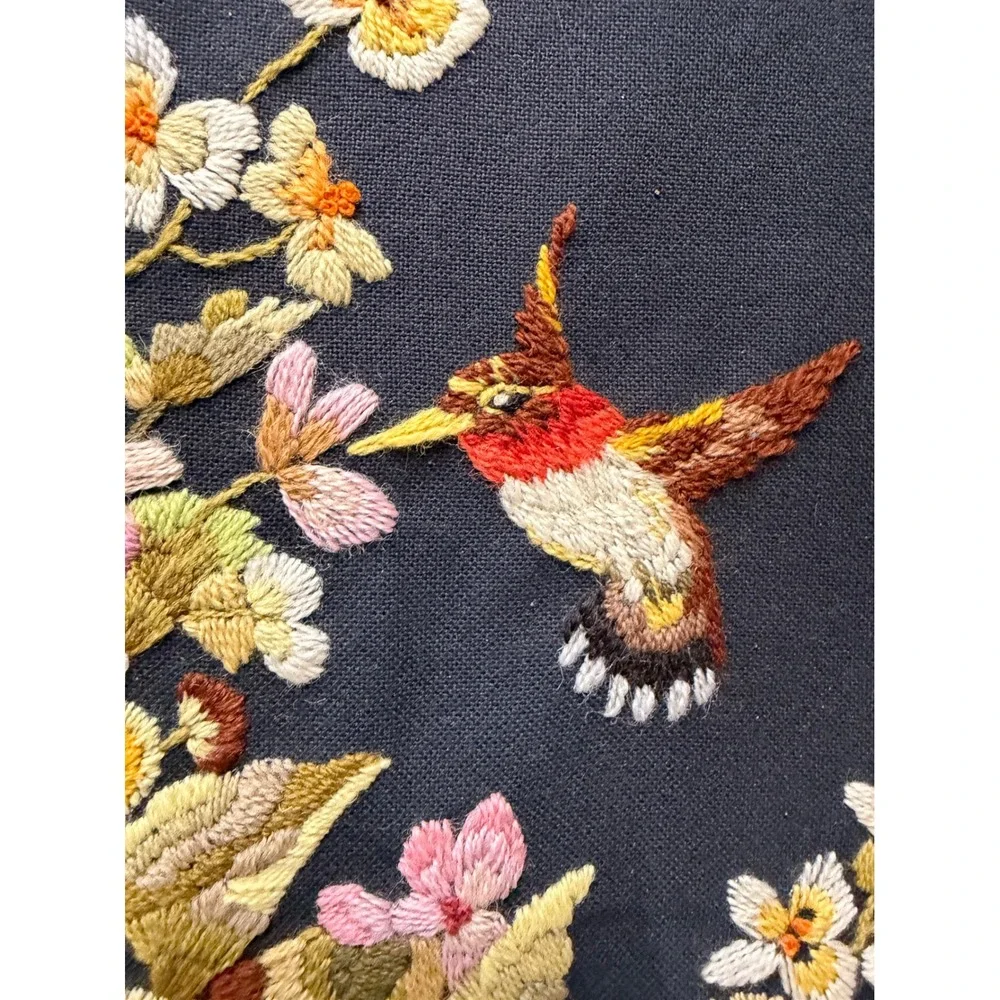 Vintage Crewel Embroidery Hummingbird Floral Wall Art Hand Stitched Textile